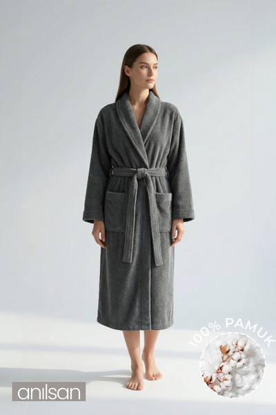 Anılsan Şalyaka Bornoz Antrasit %100 Pamuk Unisex Spa Için Ideal, Günlük Kullanıma Uygun Kadın/Erkek