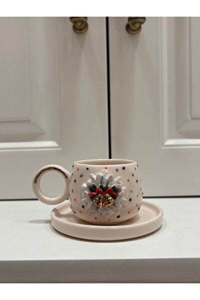 Port Aksesuar Yılbaşı Konseptli El Yapımı Seramik Kahve Fincanı (Yılbaşı Çanı...