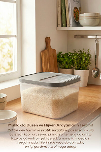 Vienev 15 Litre Sürgülü Kapaklı Çok Amaçlı Un Bakliyat Erzak Saklama Kabı