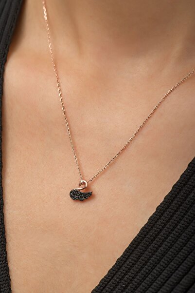 SUNSHINE 925 Ayar Rose Kaplamalı Siyah Taşlı Minimal Kuğu Gümüş Kolye