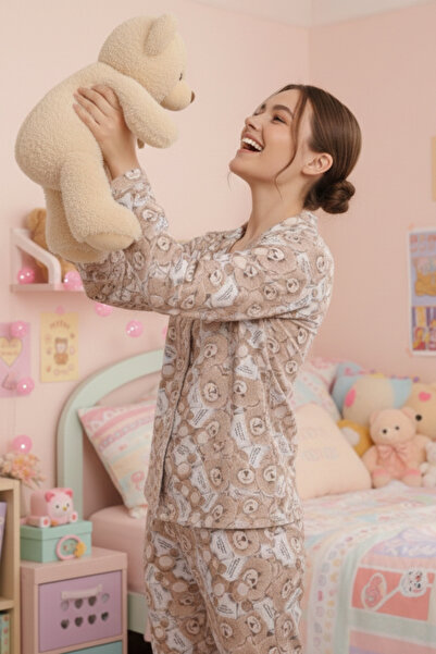 STRAWBERRY Coffee Ground Teddy Bear Pattern Long Sleeve Women's Pajama Set