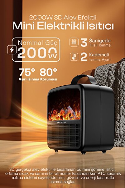 Kensa Elektrikli Şömine Sıcak Hava Fanlı Isıtıcı | Taşınabilir Masaüstü Mini Isıtma Sobası