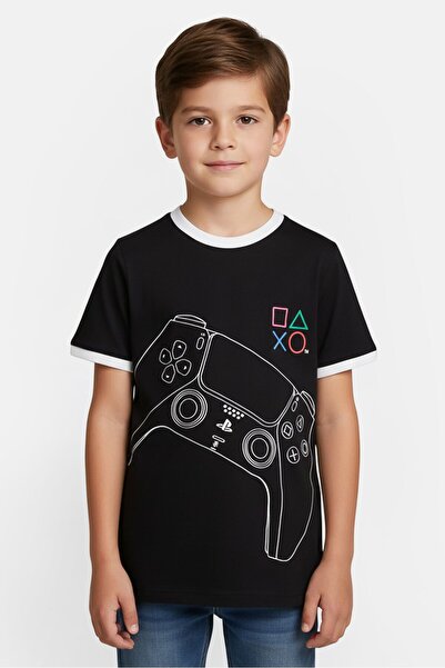 Disney تي شيرت للأطفال الأولاد بأكمام قصيرة ورقبة دائرية وطبعة جرافيكية، أسود