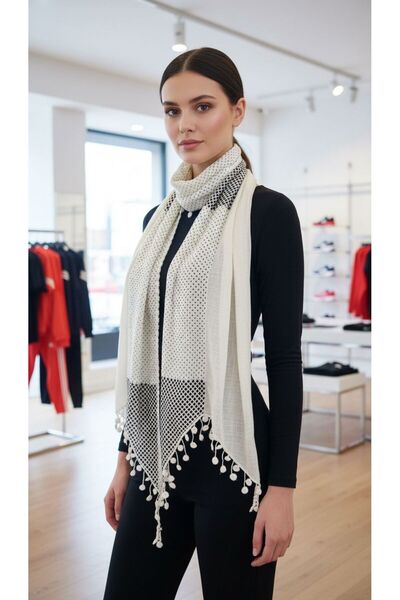 Gönülden Tasarım 160X30 cm Tulle Fabric Satin Polka Dot Scarf Shawl White