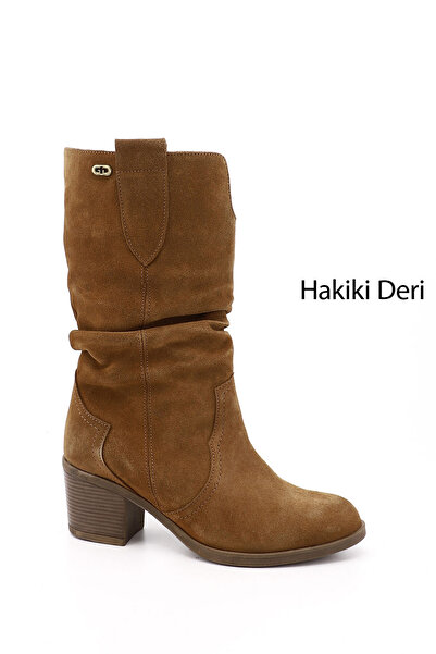 GÖNDERİ(R) Kadın Taba Süet Kalın Topuklu Körüklü Hakiki Deri Çizme