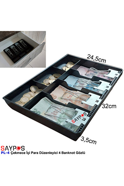 SAYPOS Metal Mandallı Rampalı Çekmece İçi Para Düzenleyici 4 Banknot 3 Bozuk Para Gözlü 32x24,5x3,5cm