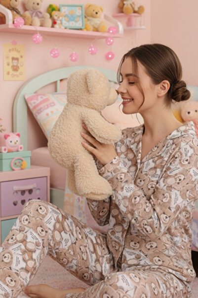 STRAWBERRY Coffee Ground Teddy Bear Pattern Long Sleeve Women's Pajama Set