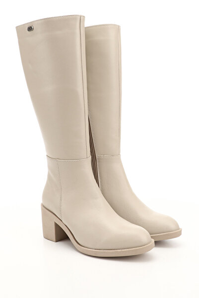 GÖNDERİ(R) Women's Beige Zippered Thick Heeled Genuine Leather Boots