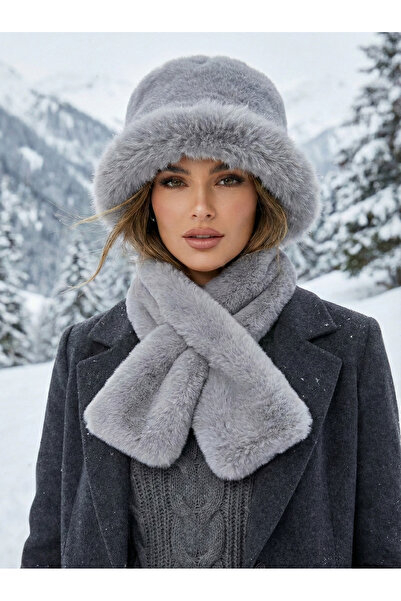 Luminos Butik Жіночий сірий 2-комплект плюшевий капелюх-відро, шарф та комір Set02