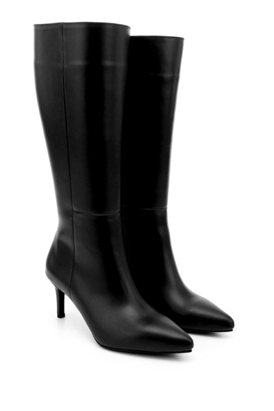 GÖNDERİ(R) Women's Black Platinum Zippered Thin Heeled Genuine Leather Boots