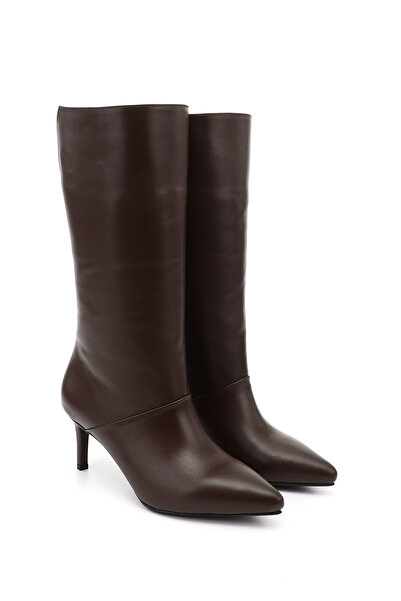 GÖNDERİ(R) Women's Brown Platinum Zippered Thin Heeled Genuine Leather Boots