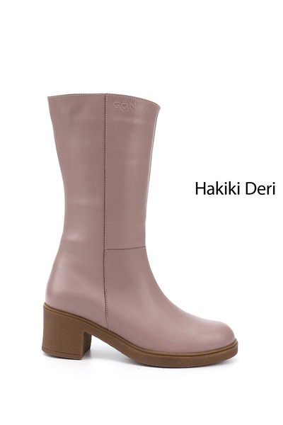 GÖNDERİ(R) Kadın Pudra Fermuarlı Kalın Topuklu Hakiki Deri Çizme