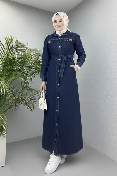 Hb Harma Time Butik فستان نسائي من الدنيم باللون الأزرق الداكن مزين بالخرز وأ...