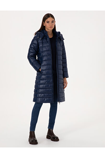 Pierre Cardin Navy Blue Detachable Hooded Quilted Long Coat 50314165-Vr033