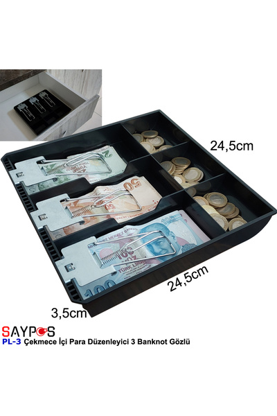 SAYPOS Metal Mandallı Rampalı Çekmece İçi Para Düzenleyici 3 Banknot 3 Bozuk Para Gözlü 24,5x24,5x3,5cm