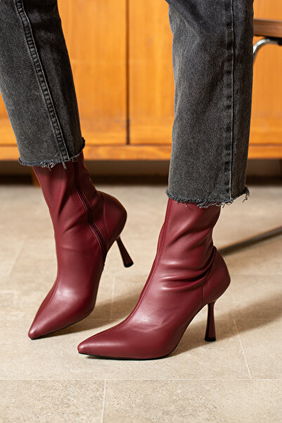 dabab shoes Dámské boty Marya Burgundy Stretch Skin s bočním zipem se špičatou špičkou na tenkém podpatku