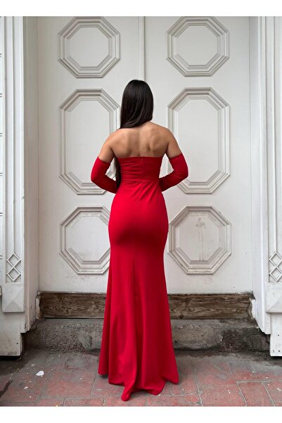 Modafeminen Strapless Tas Design Slit Fish Evening Dress 583337 Red