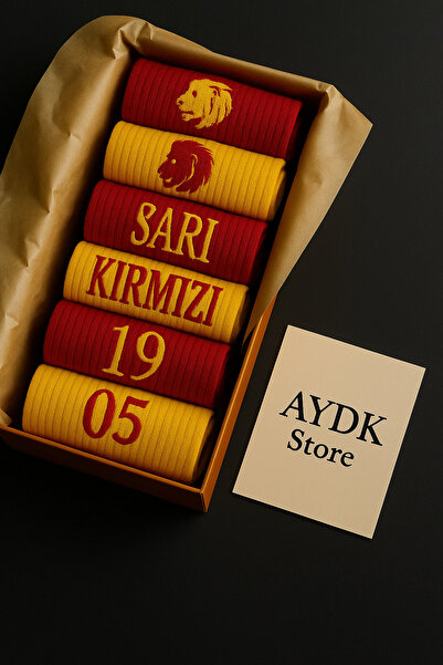 AYDK Taraftar 6 Çift Kutulu Sarı Kırmızı Aslan Nakışlı Casual Yazlık Kışlık Unisex Soket Tenis Çorap
