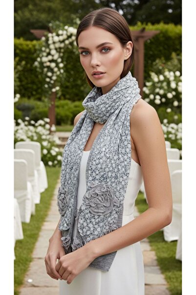 Gönülden Tasarım 165X25 Cm Çiçekli Kabartma Güllü Kadın Fular Şal Gri