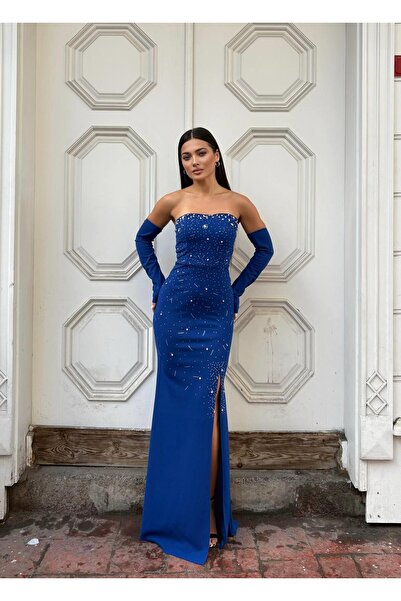 Modafeminen Βραδινό φόρεμα ψαριού με σχισμή χωρίς τιράντες Tas Dizayn 583337 μπλε κοβαλτίου