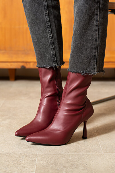 dabab shoes Dámské boty Marya Burgundy Stretch Skin s bočním zipem se špičatou špičkou na tenkém podpatku