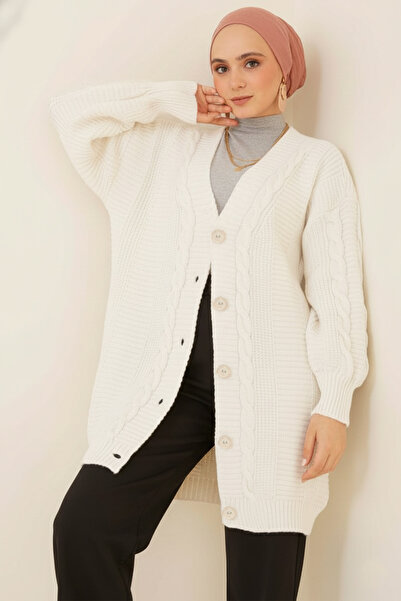 benguen 6999 Örgü Desenli Önden Düğmeli Hırka Taş