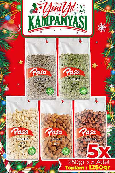 Paşa Kuruyemiş Çiğ Karışık Kuruyemiş 5li Avantaj Seti 1250 gr, Çiğ Fındık, Çiğ Badem, Çiğ Kaju, Kabak ve İç Ay Çeki