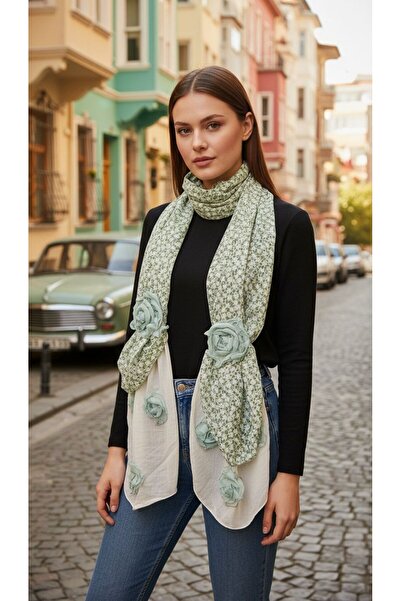 Gönülden Tasarım 165X25 Cm Eșarfă pentru femei cu flori în relief, verde