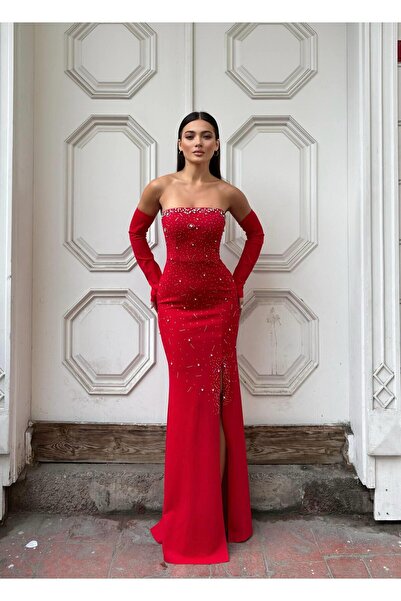 Modafeminen Strapless Tas Design Slit Fish Evening Dress 583337 Red