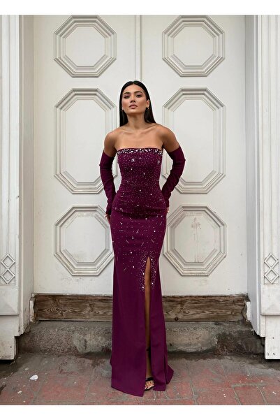 Modafeminen Rochie de seară cu tăietură în formă de pește, fără bretele, cu design Tas 583337 AÇIKMOR