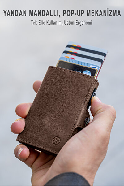 Trusador Palermo Brown Mechanical Card Holder Genuine Leather Wallet Unisex Women Men Rfid Protected