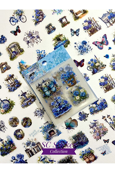 SC Sticker Collection Vintage Blue Garden Mavi Gül ve Kelebek Temalı 25 Yapra...