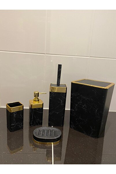 TrendBanyoMutfak طقم حمام ذهبي بنمط الجرانيت الأسود مكون من 5 قطع |   وعاء للصابون، سلة مهملات، طقم فرش