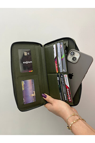 shiny ever Δερμάτινη γυναικεία τσάντα πορτοφόλι μεγάλου μεγέθους με θήκη τηλεφώνου με πράσινη χρυσή λεπτομέρεια