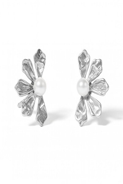 DEMOKAN Kadın Küpe Yarım Beş Yaprak Çiçek İnci Tomurcuk 4 cm Küpe