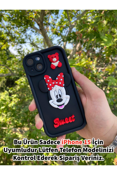 Merwish iPhone 15 Uyumlu 3D Minnie Figürlü Darbe Korumalı Silikon Kılıf