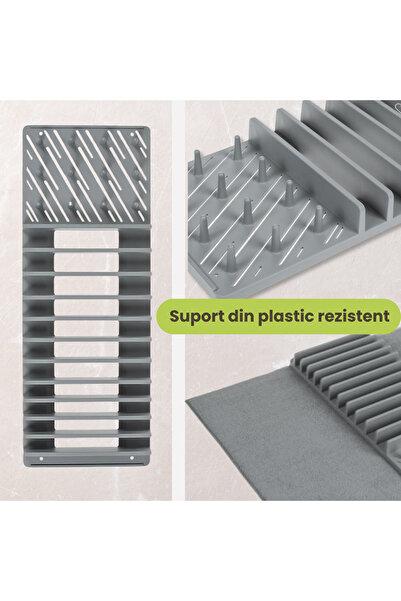 OEM Plastic dish drying rack for 11 plates with absorbent mat, gray, 45x60cm