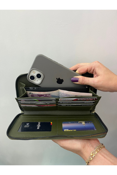 shiny ever Δερμάτινη γυναικεία τσάντα πορτοφόλι μεγάλου μεγέθους με θήκη τηλεφώνου με πράσινη χρυσή λεπτομέρεια