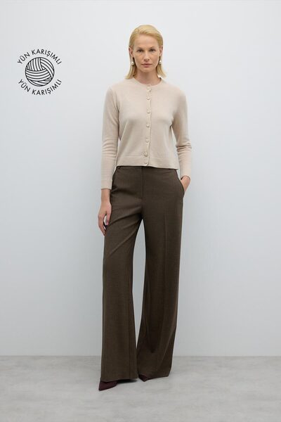 Roman Düz Geniş Paça Pantolon Kahve K2612006_005