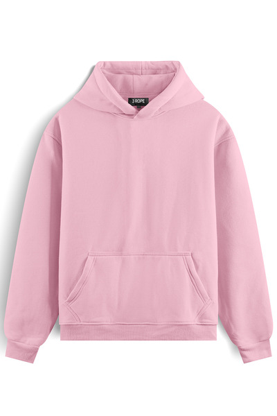 3 ROPE Unisex Pembe Oversize Kapüşonlu Içi Polarlı 3 Iplik Basic Pamuklu Sweatshirt Hoodie