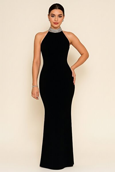 Şayse Design Siyah Halter Yaka Uzun Abiye Elbise/Boyun Taş Detaylı