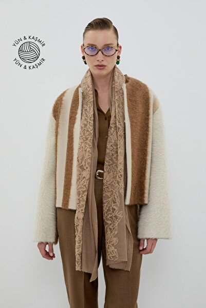 Roman Yün ve Kaşmir Karışımlı Desenli Şal Açık Kahve K2684203_063
