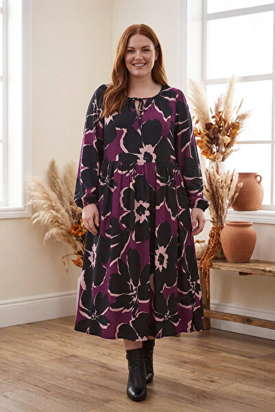 Stil Diva Plus Size V-Neck Long Sleeve Wrinkle Fabric Maxi Dress 616397