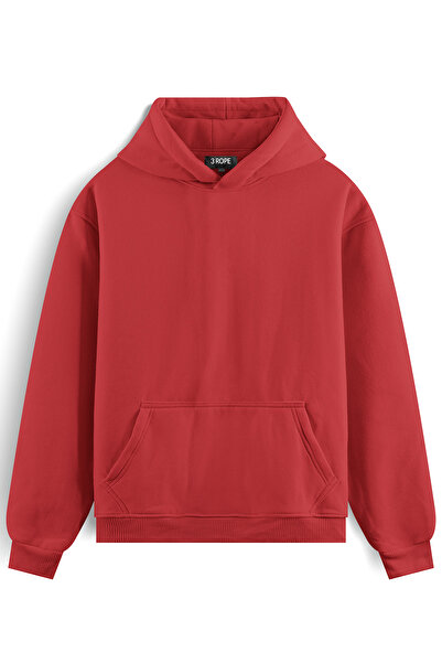 3 ROPE Unisex Red Oversized Hooded 3 Thread Basic Cotton Sweatshirt Hoodie with Fleece Inside