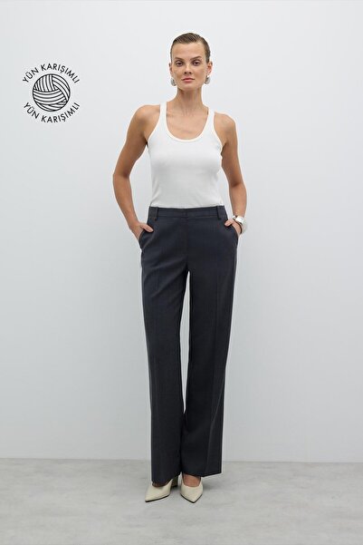 Roman Düz Paça Yün Pantolon Koyu Gri K2612043_058