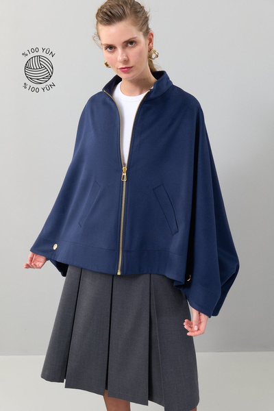 Roman Gold Fermuar Detaylı %100 Yün Panço Lacivert K2518702_015