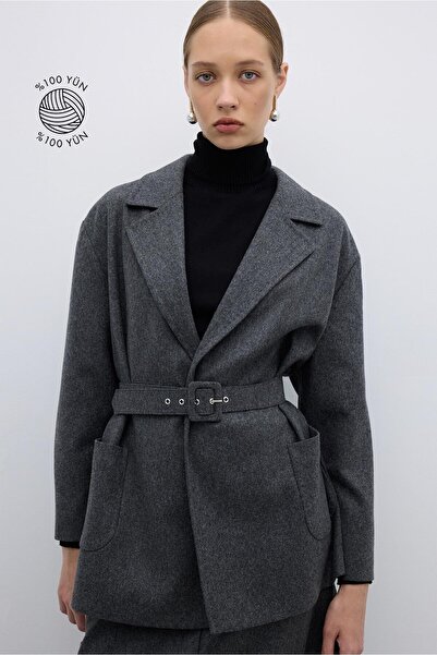 Roman %100 Yün Beli Seyyar Kemerli Kaban Koyu Gri K2619009_058