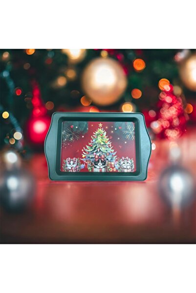 Tinfinity Store Yeşil Yeniyıl Kedi Desenli Tepsi