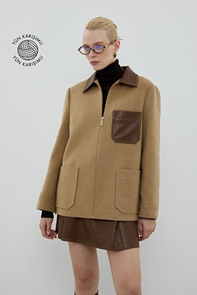 Roman Yün Karışımlı Deri Detaylı Ceket Camel K2616009_035