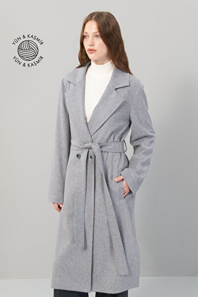 Roman Kaşmir ve Yün Karışımlı Beli Kuşak Detaylı Kaban Gri K2519009_004
